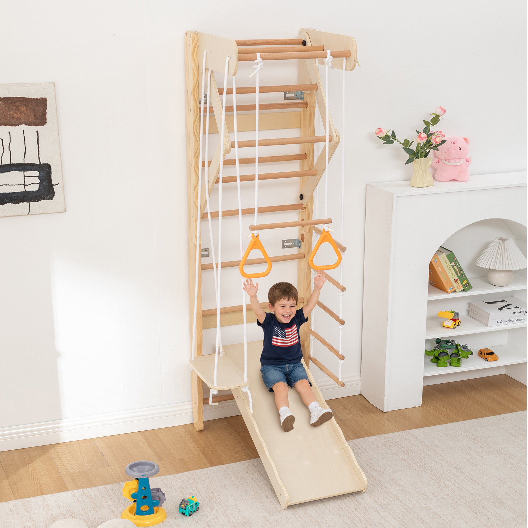6-in-1 Swedish Ladder Wall Gym, Indoor Kids Playground with Swing, Rope Ladder, Pull-Up Bar, Slide, Gymnastic Rings, Wooden W