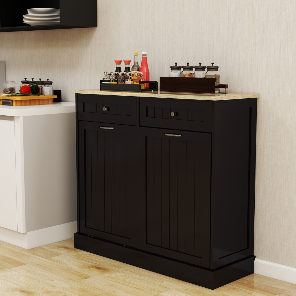 Two Drawers and Two-Compartment Tilt-Out Trash Cabinet Kitchen Trash Cabinet-Black - Grand Goldman Shop