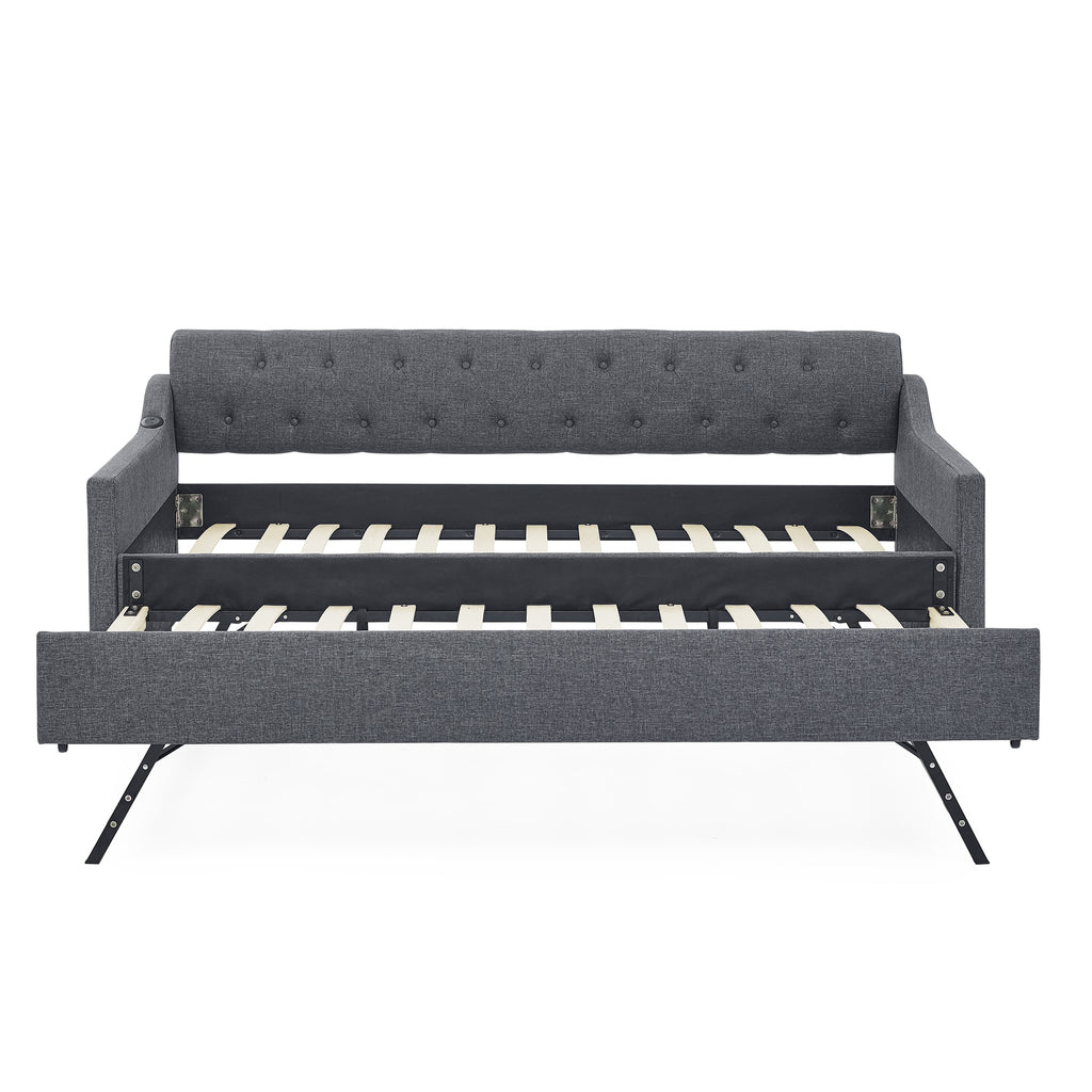 Twin Size Upholstered Daybed with Trundle and USB Charging, Dark Gray Linen - Grand Goldman Shop
