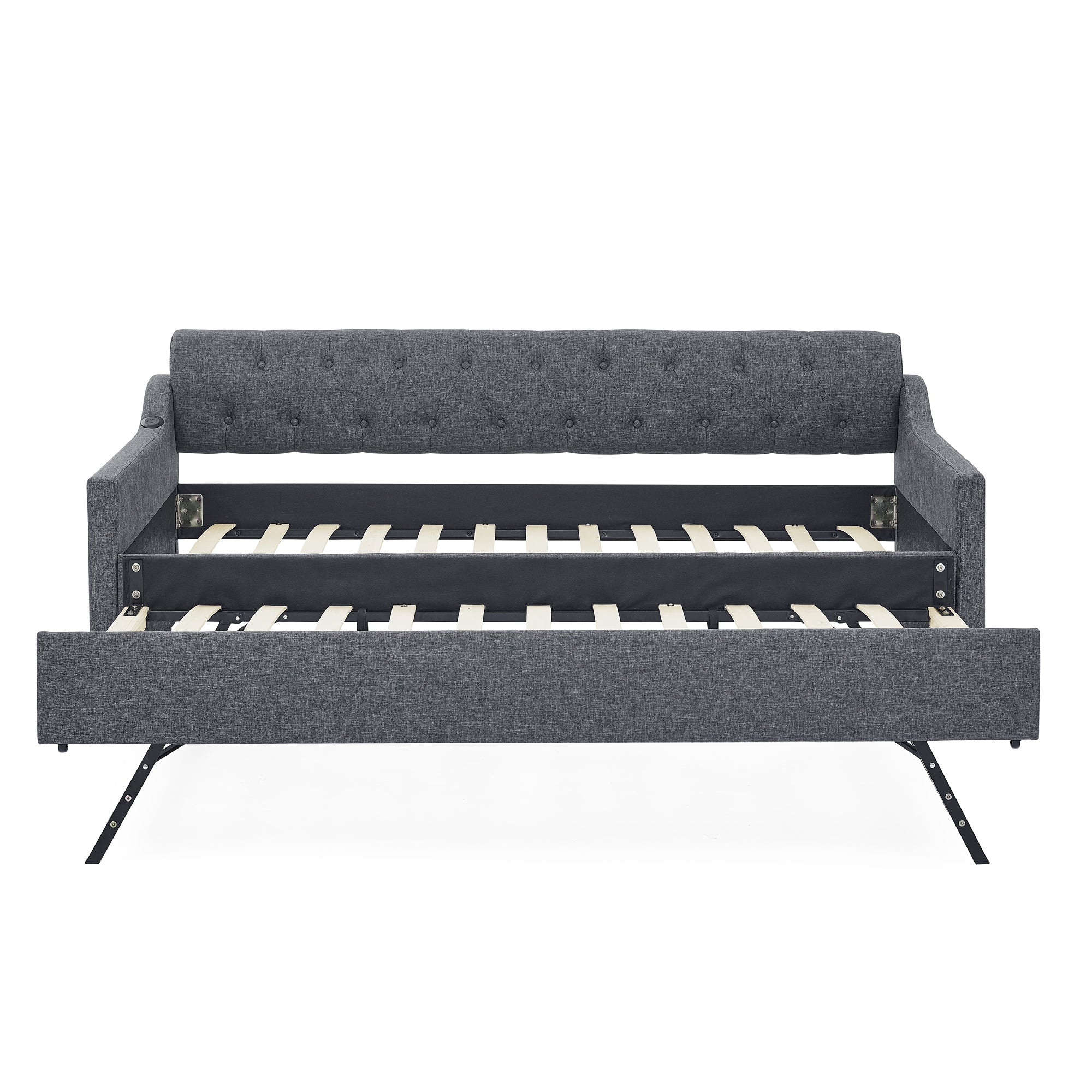 Twin Size Upholstered Daybed with Trundle and USB Charging, Dark Gray Linen - Grand Goldman Shop