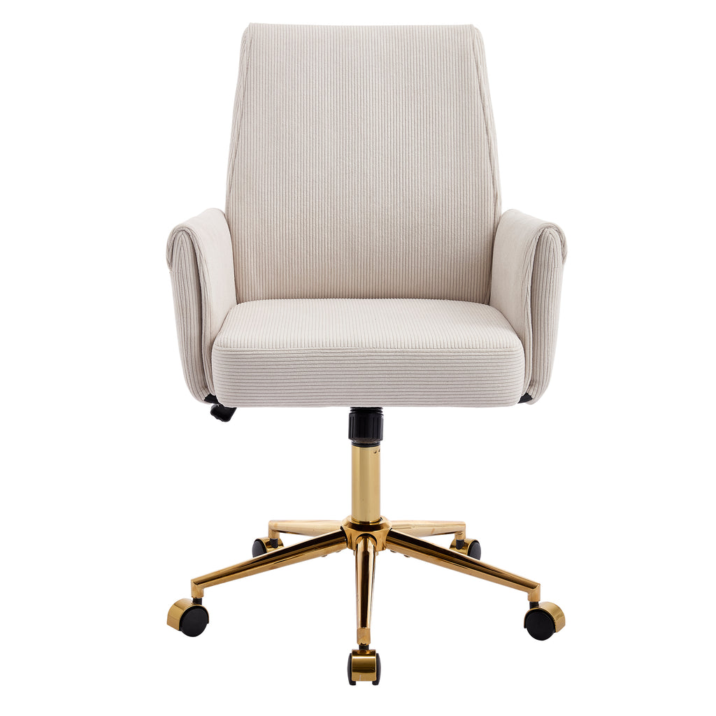 Ergonomic Mid-Back Office Chair with Striped Fabric, White Corduroy, Adjustable Lumbar Support and Gold Base, 25.2 x 24.0 x 3