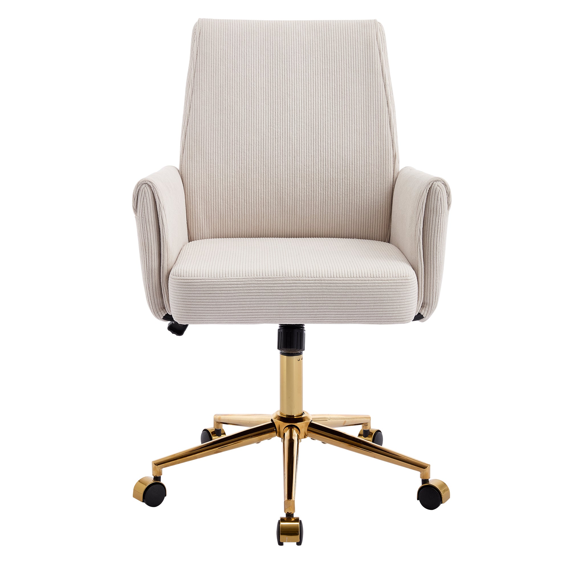 Ergonomic Mid-Back Office Chair with Striped Fabric, White Corduroy, Adjustable Lumbar Support and Gold Base, 25.2 x 24.0 x 3
