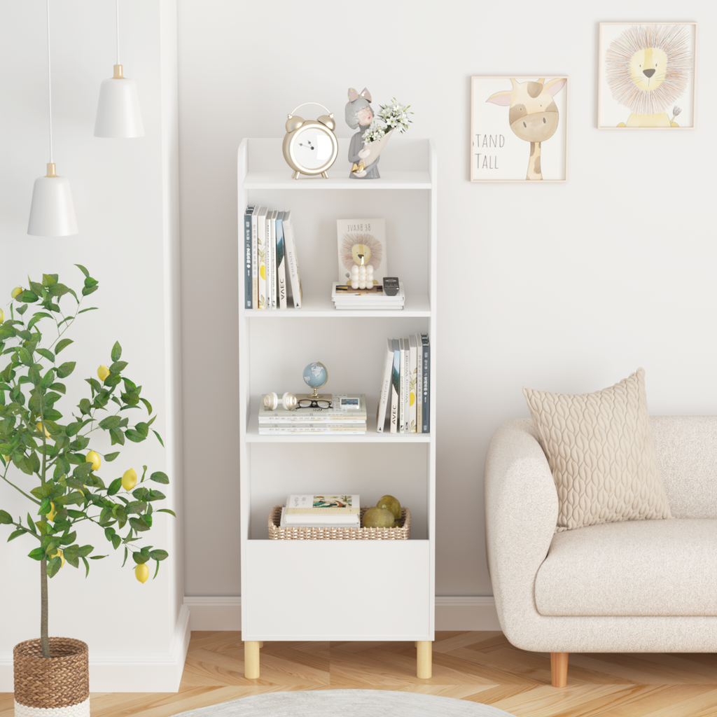 Kids 4-Tier Bookcase, Children's Book Display with Safety Restraint, White MDF & Pine Wood Storage Cabinet for Nursery, Playr