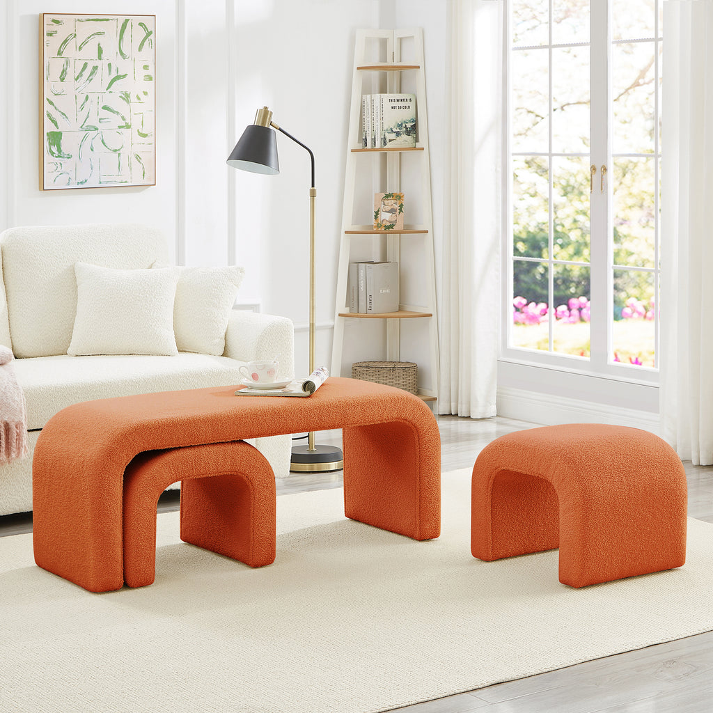 Set of 3 U-Shaped Modern Bench Teddy  Ottoman Bench for Entryway, Bedroom End of Bed, Set of 3 Small Sofa Footrest Extra Seating for Living Room, 44+18 Inch Bench Bench & Ottoman- Orange - Grand Goldman Shop