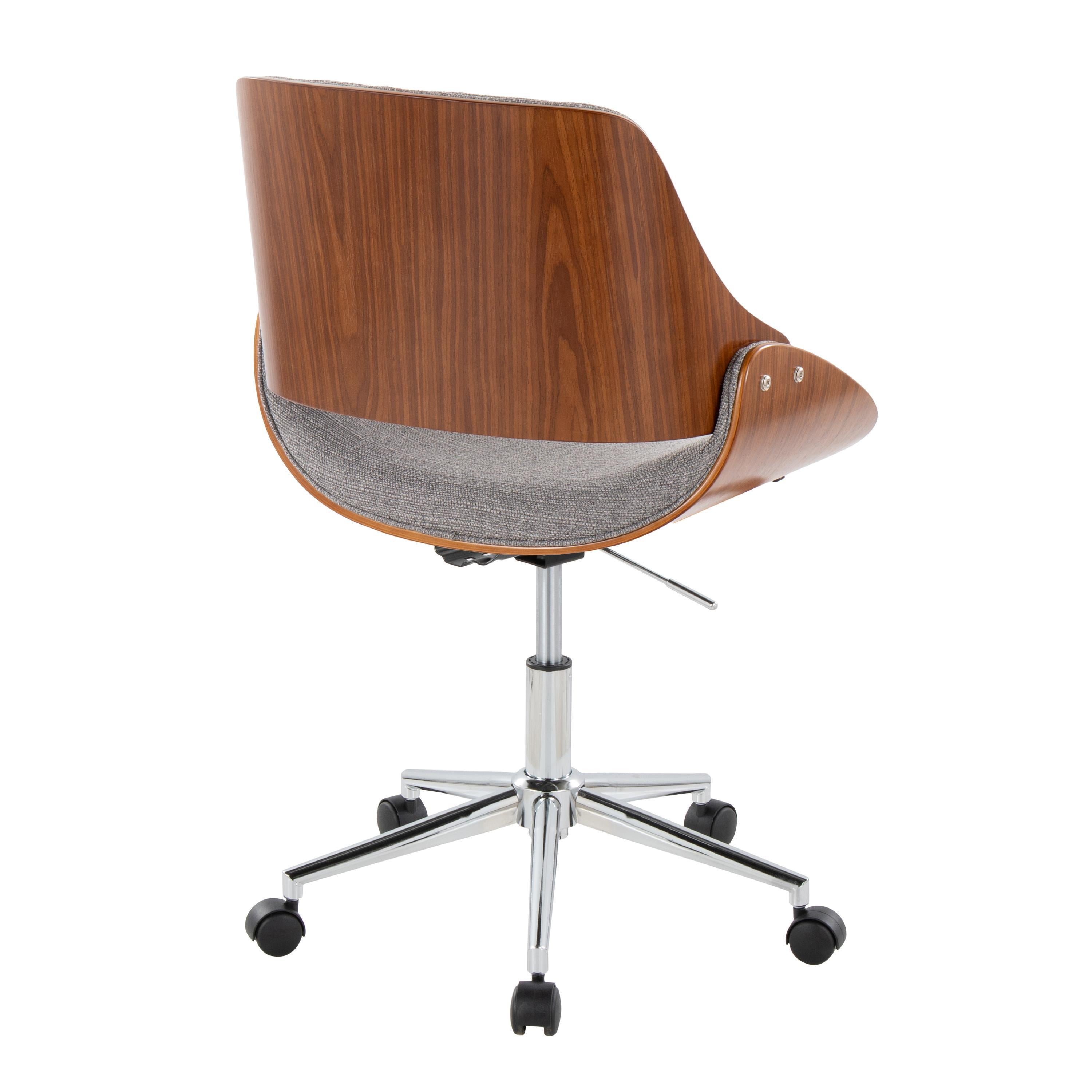 Contemporary Office Chair in Chrome Metal, Walnut Wood, and Grey Fabric | Premium Home Decor - Grand Goldman