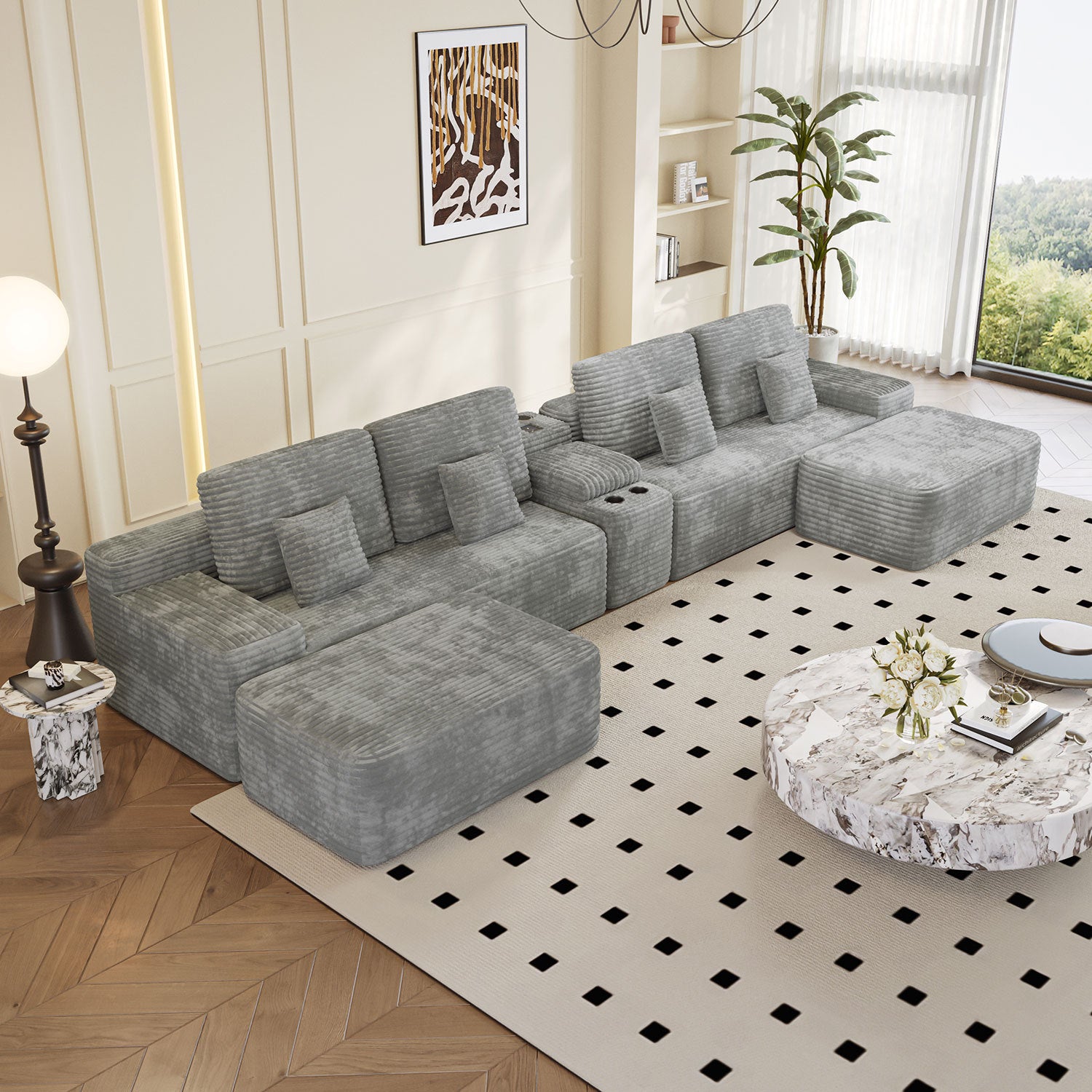 150''Width 5-piece Sectional Sofa with 2 Ottomans,Comfy U-shaped Sofa Couch for Living Room,Light Grey Plush Corduroy Fabric - Grand Goldman Shop