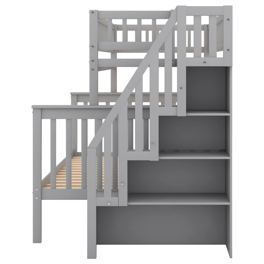 Twin Over Full Stairway Bunk Bed with Storage in Gray, Solid Pine Wood and MDF, 90.8''L x 57.8''W x 65.3''H - Grand Goldman Shop
