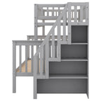Twin Over Full Stairway Bunk Bed with Storage in Gray, Solid Pine Wood and MDF, 90.8''L x 57.8''W x 65.3''H - Grand Goldman Shop