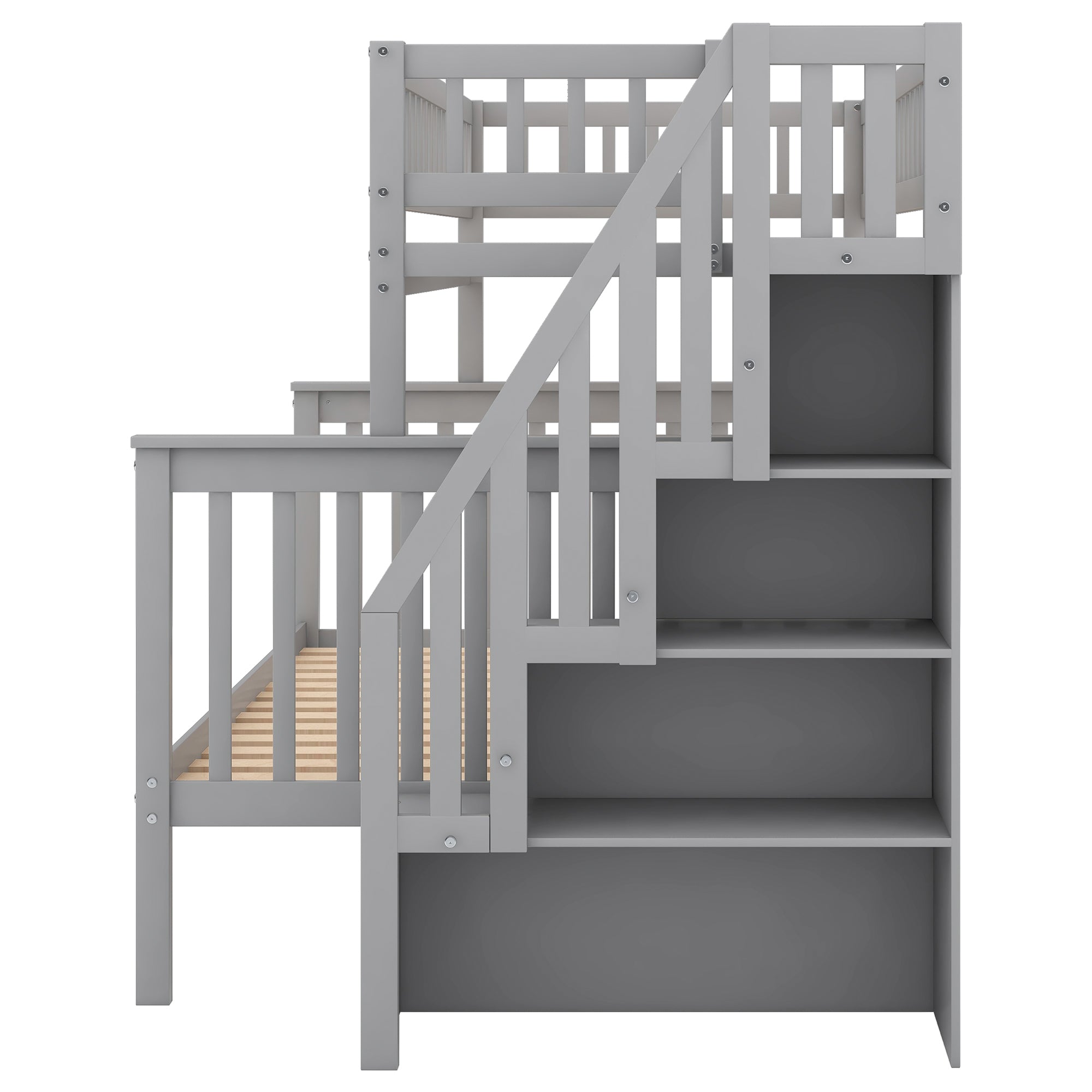 Twin Over Full Stairway Bunk Bed with Storage in Gray, Solid Pine Wood and MDF, 90.8''L x 57.8''W x 65.3''H - Grand Goldman Shop