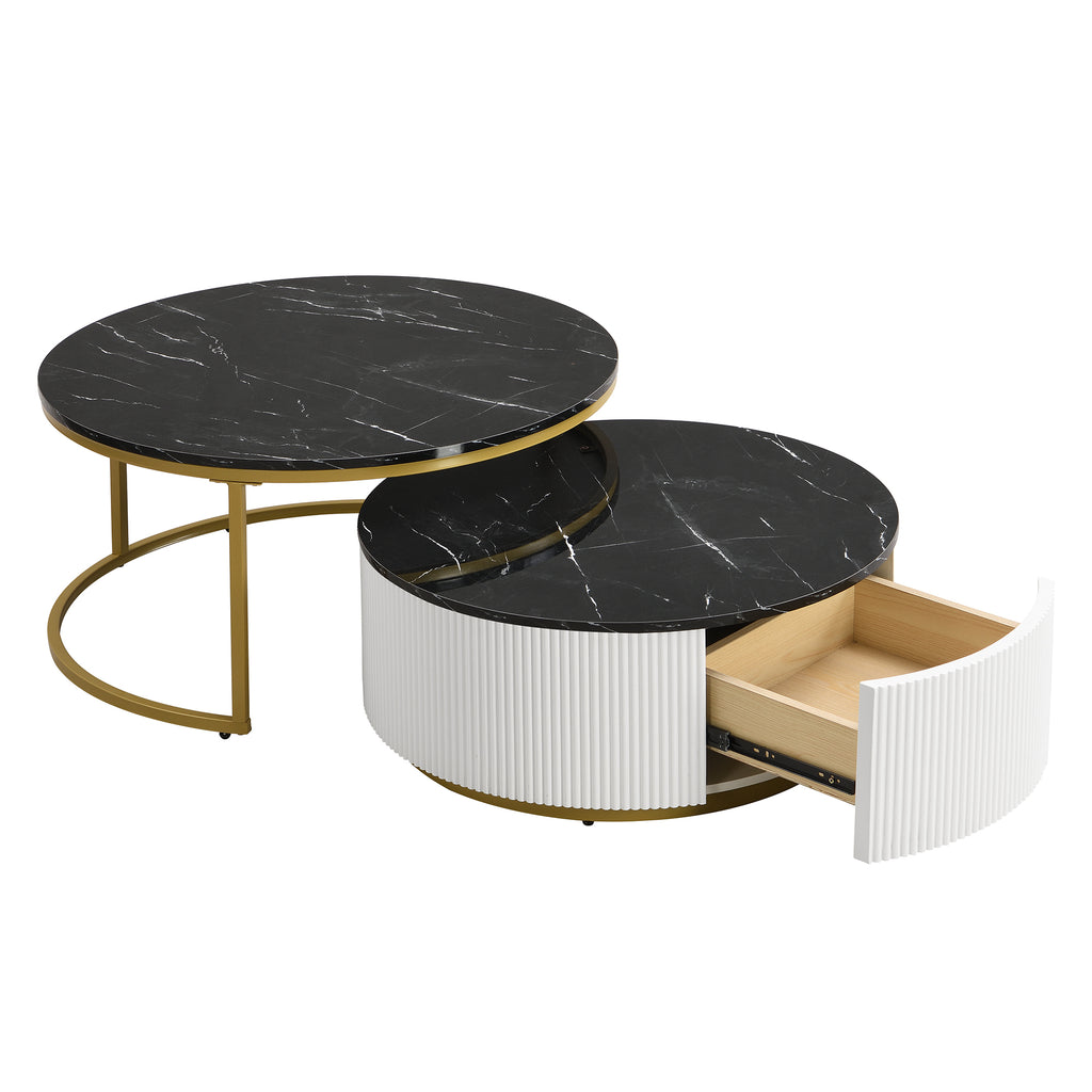 Modern Round Nesting Coffee Table Fluted with Drawer in Black & Gold in 31.5'' - Grand Goldman Shop