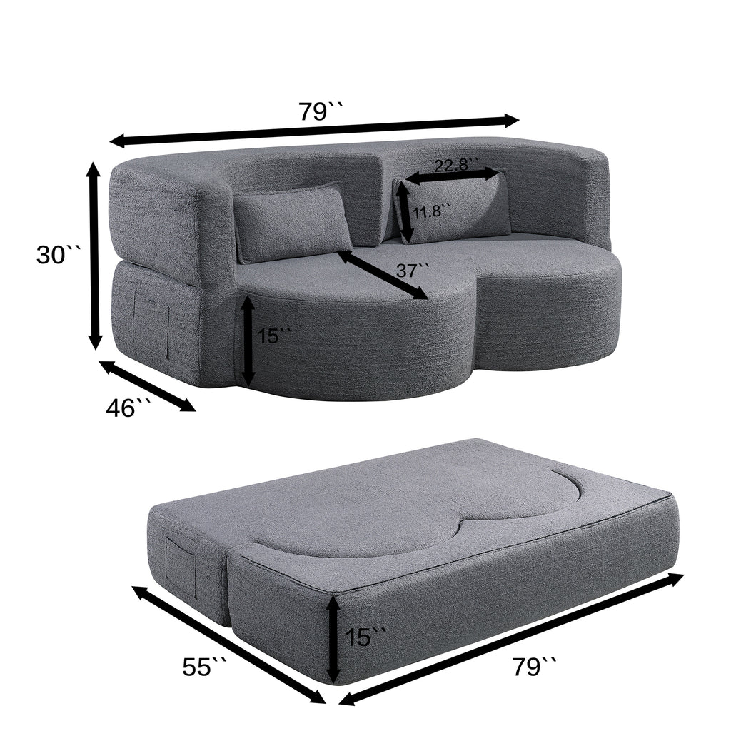 Folding sofa bed, floor sofa, convertible teddy bear fabric foam filled sleeper futon double sofa, suitable for living room, guest, office and apartment (gray) - Grand Goldman Shop
