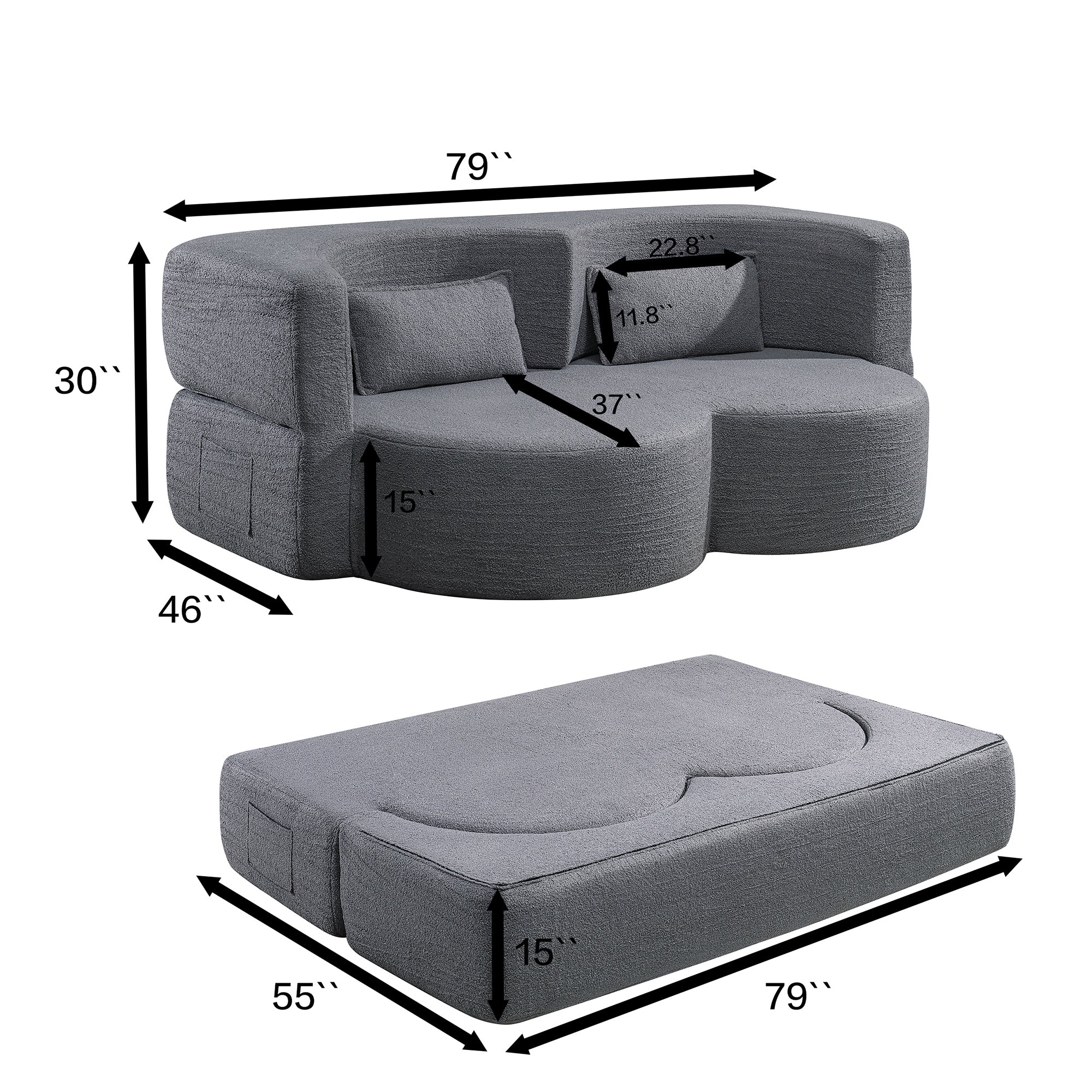 Folding sofa bed, floor sofa, convertible teddy bear fabric foam filled sleeper futon double sofa, suitable for living room, guest, office and apartment (gray) - Grand Goldman Shop