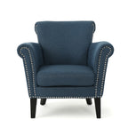 Elegant Navy Blue Fabric Club Chair with Nailhead Trim and Birch Wood Legs - Grand Goldman Shop