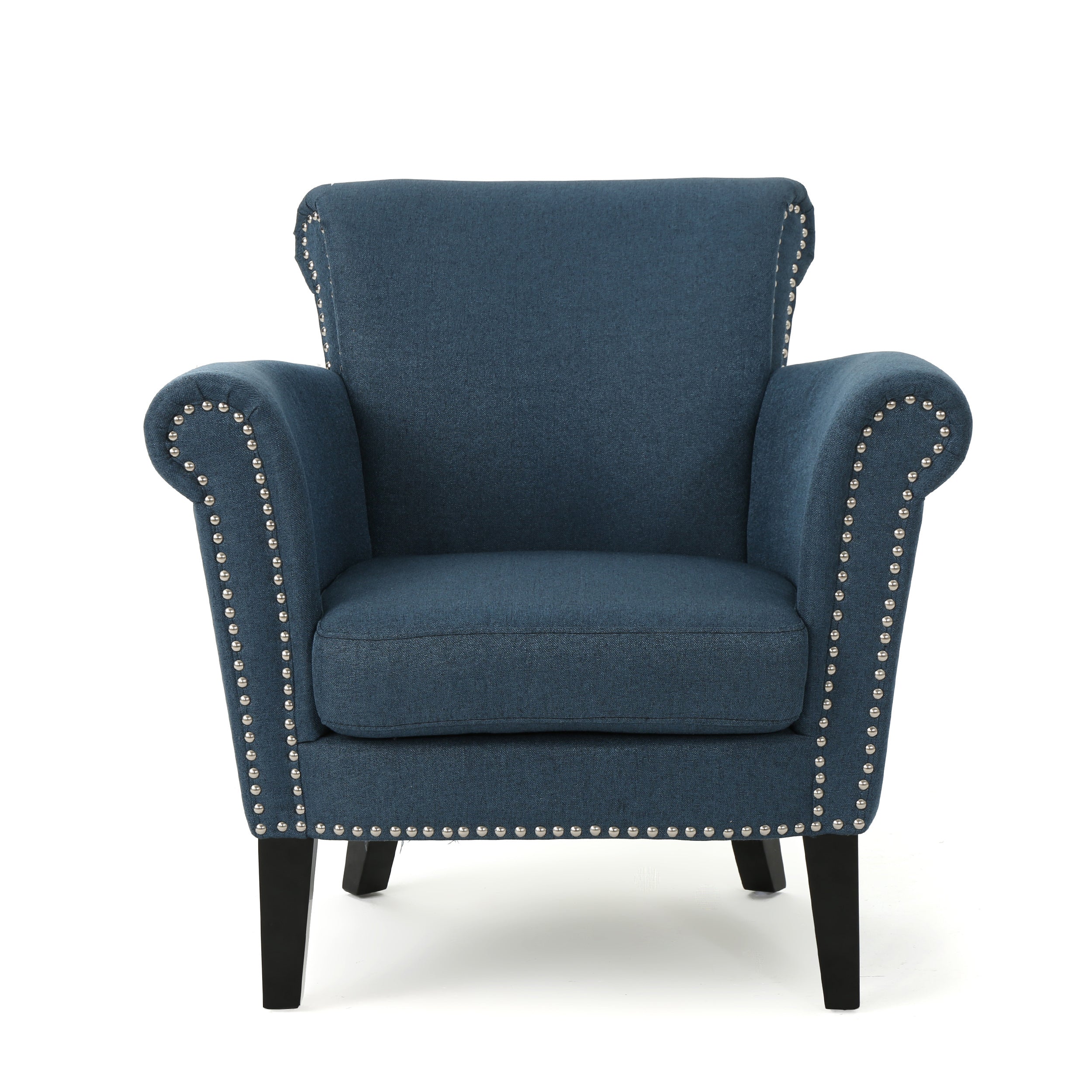 Elegant Navy Blue Fabric Club Chair with Nailhead Trim and Birch Wood Legs - Grand Goldman Shop