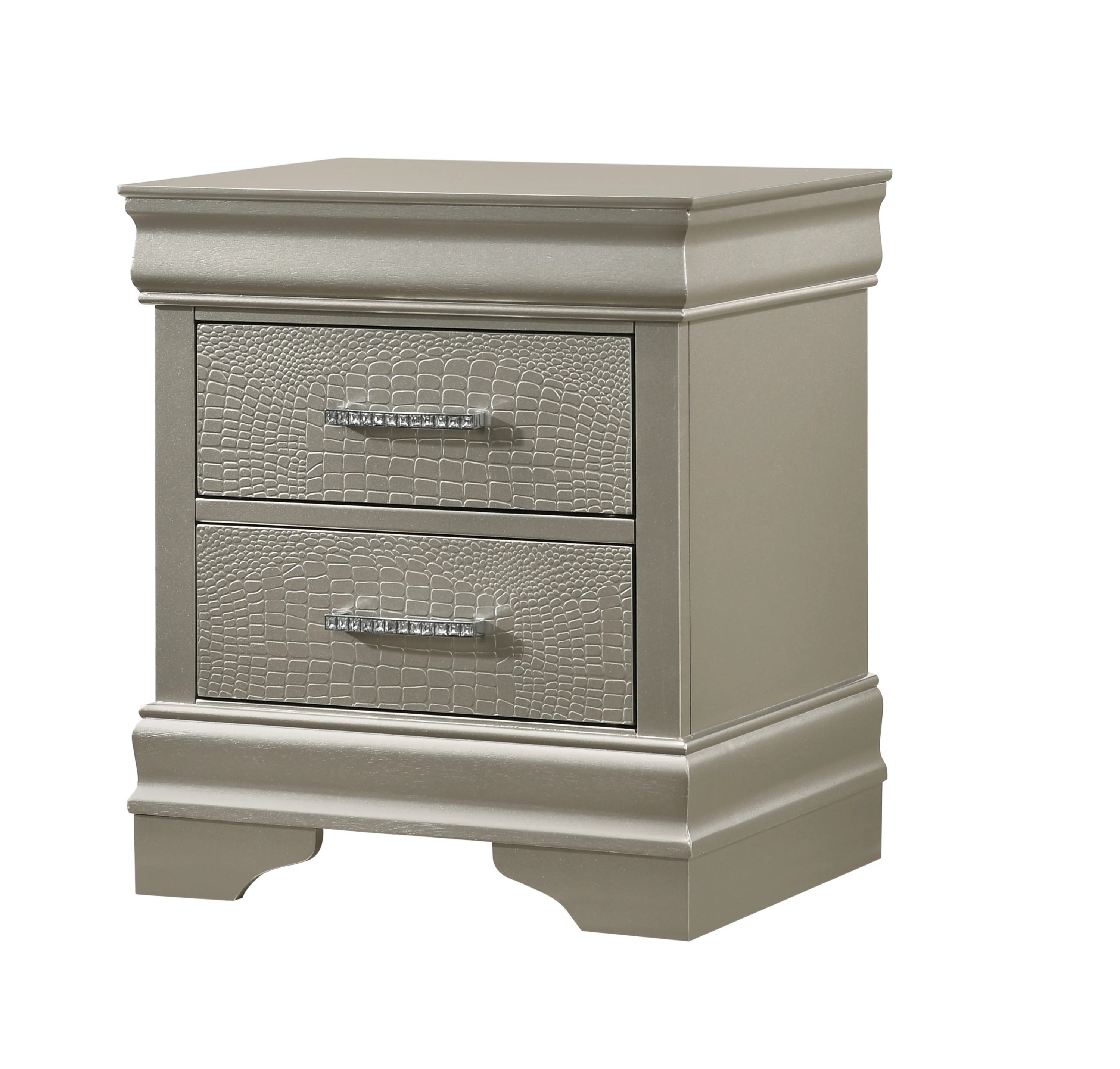 1pc Modern Glam Style Two Drawers Nightstand Champagne Finish Solid Wood Crystal-Like Diamond Tufted Crocodile Texture Bedroom Furniture - Grand Goldman Shop