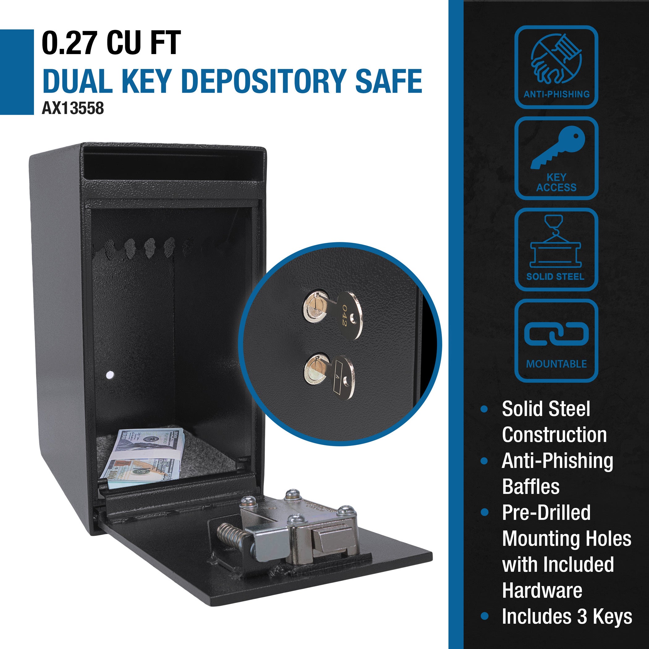 Black Steel Dual Key Depository Safe with Anti-Theft Design and Mounting Hardware, 0.27 Cu Ft - Grand Goldman