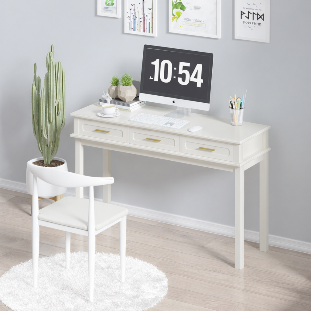 Cream White Vanity Desk with 3 Drawers, Modern Makeup Table or Writing Desk, Multipurpose Dressing Table for Bedroom, No Mirror Included - Grand Goldman Shop