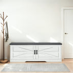 2 Tier Shoe Bench with Padded Seat, 2 Barn Doors and Adjustable Shelves, for Entryway and Living Room, White MDF - Grand Goldman Shop