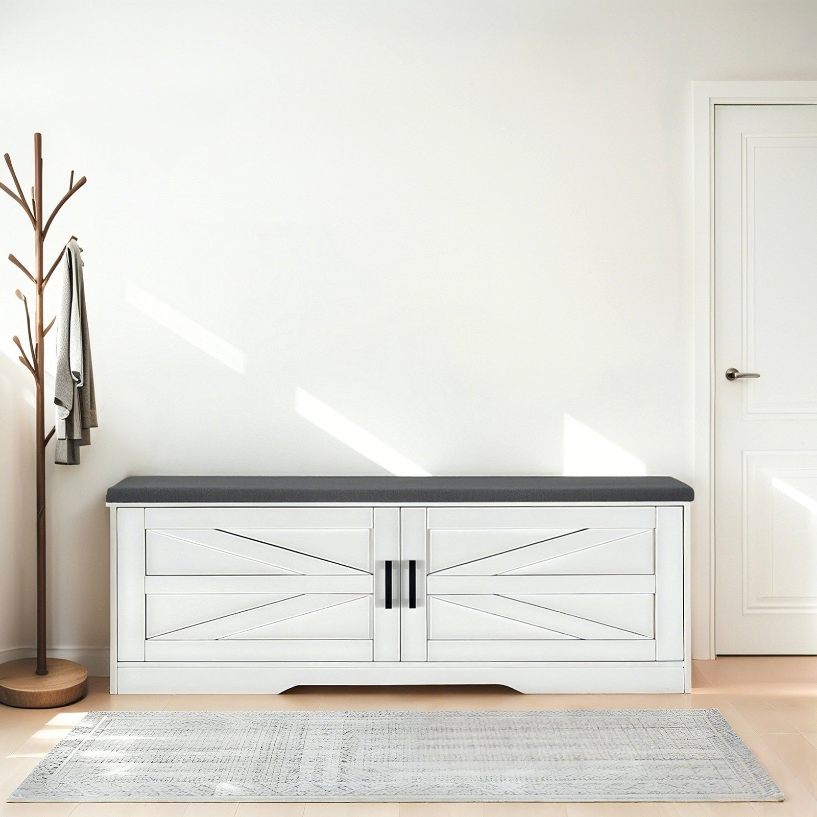 2 Tier Shoe Bench with Padded Seat, 2 Barn Doors and Adjustable Shelves, for Entryway and Living Room, White MDF - Grand Goldman Shop
