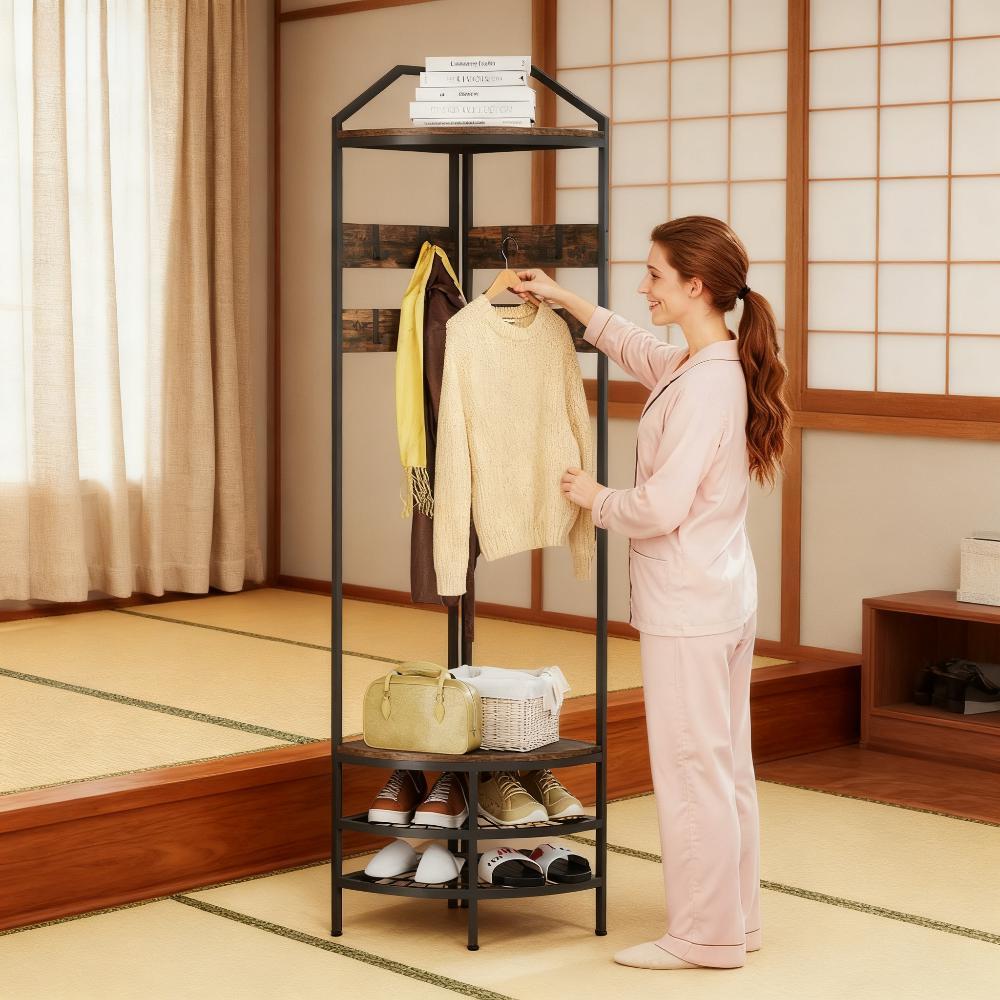 Coat Rack Corner Hall Tree, Industrial 4-Tier Coat Rack with Shoe Storage, 8 Movable Hooks and 2 Shelves - Grand Goldman Shop