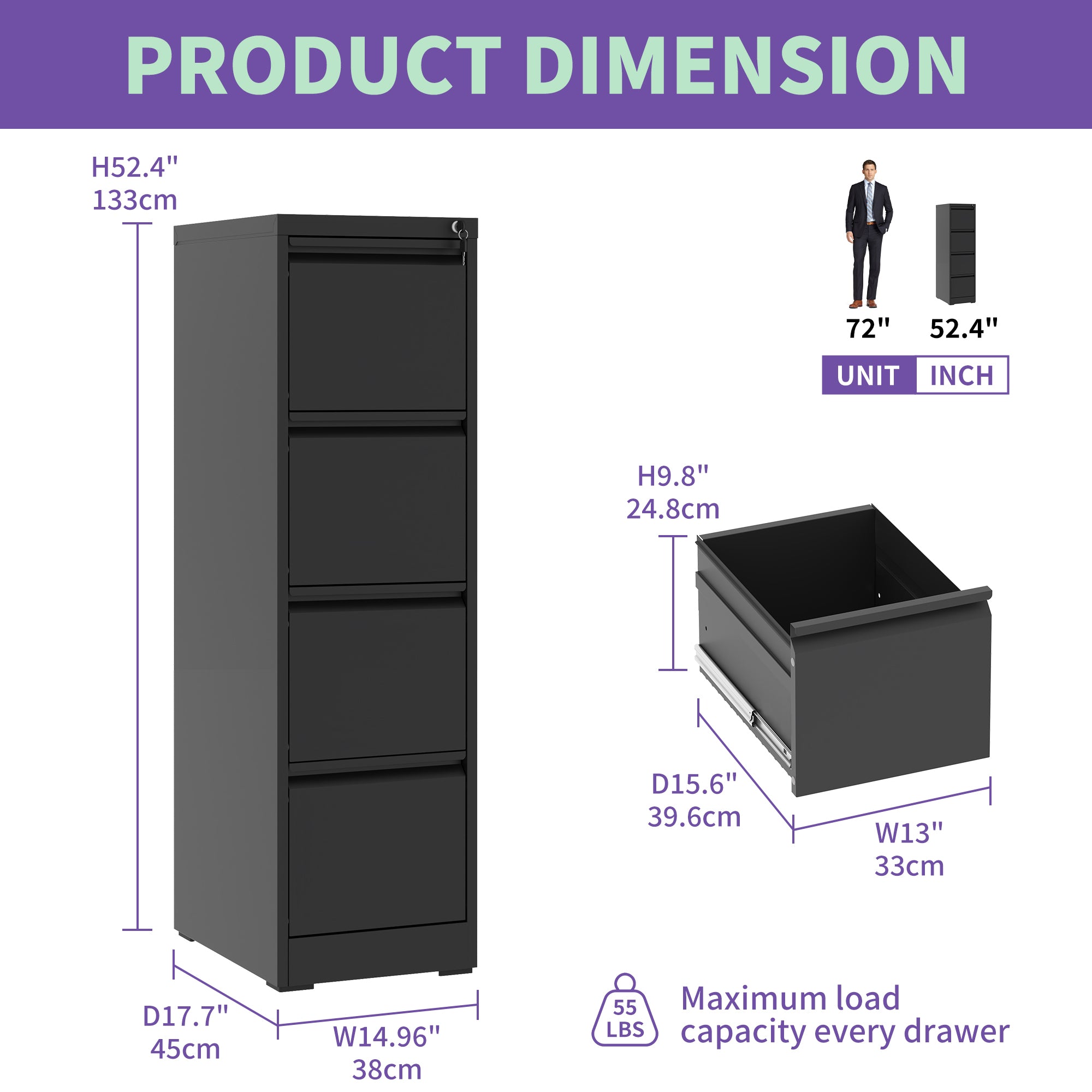 SteelCraft Pro 4 Drawer Metal Vertical File Cabinet with Lock for A4 Legal/Letter Size, Black Metal - Grand Goldman