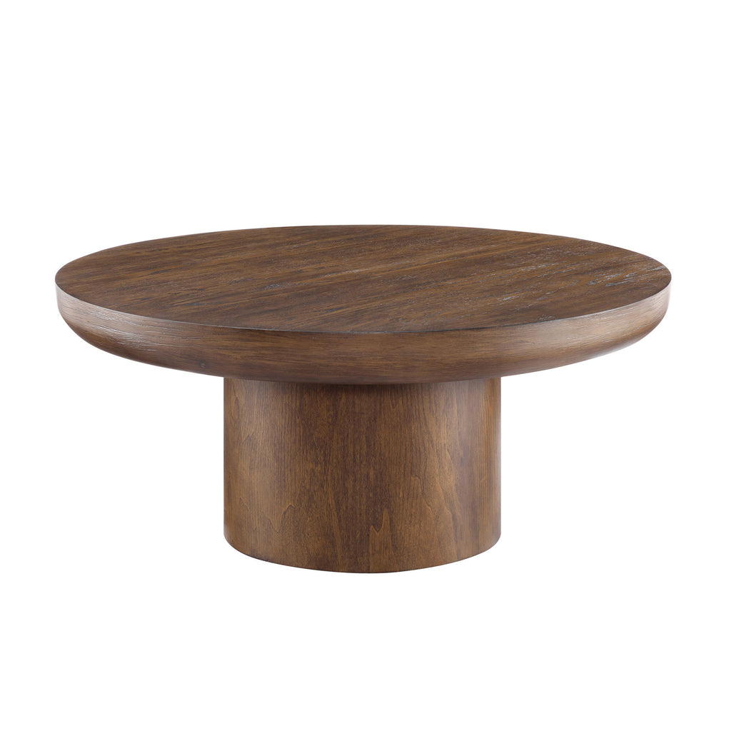 35.98inch Round Coffee Table with Cylindrical Leg,Wood Veneer Tabletop Table,Rounded Sofa Side Table for living Room Office,Brown - Grand Goldman Shop