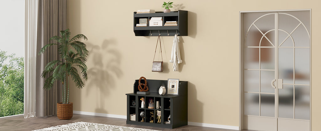ON-TREND Shoe Storage Bench with Shelves and 4 Hooks, Elegant Hall Tree with Wall Mounted Coat Rack, Entryway Organizer For Hallway, Foyer, Mudroom, Black - Grand Goldman Shop