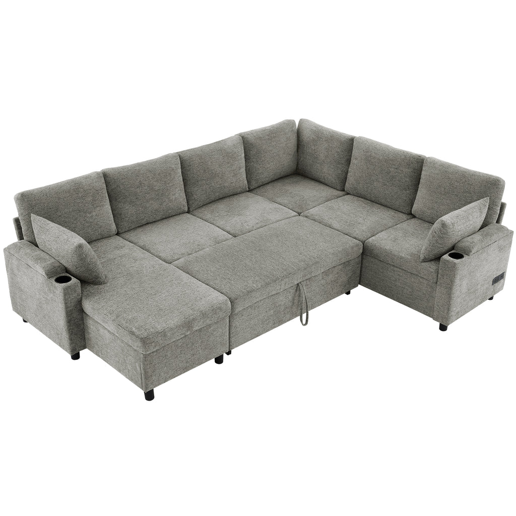 Versatile Light Grey Chenille Sectional Sofa Bed with Storage, Cup Holders & Charging Ports, 109.9' - Grand Goldman Shop
