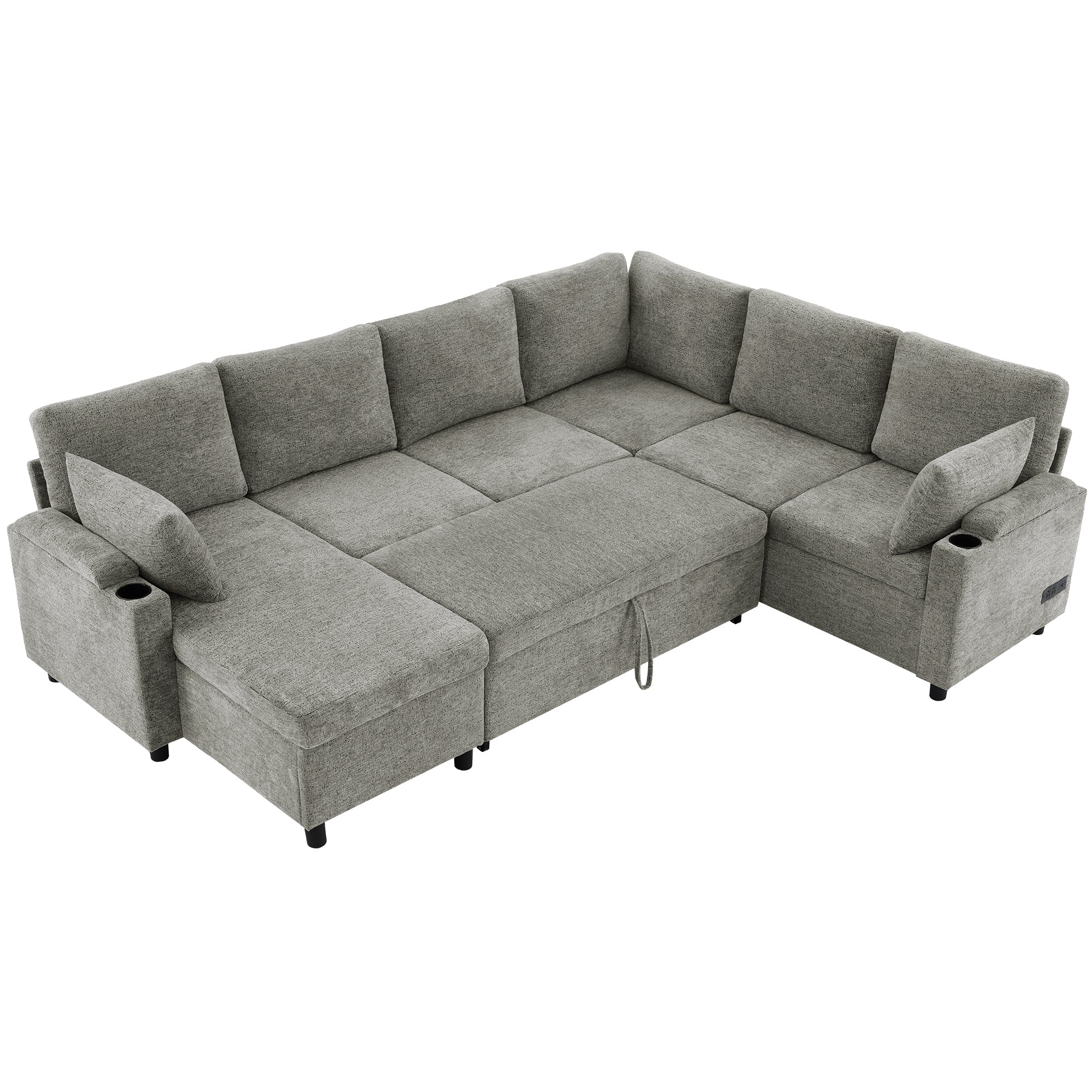 Versatile Light Grey Chenille Sectional Sofa Bed with Storage, Cup Holders & Charging Ports, 109.9' - Grand Goldman Shop