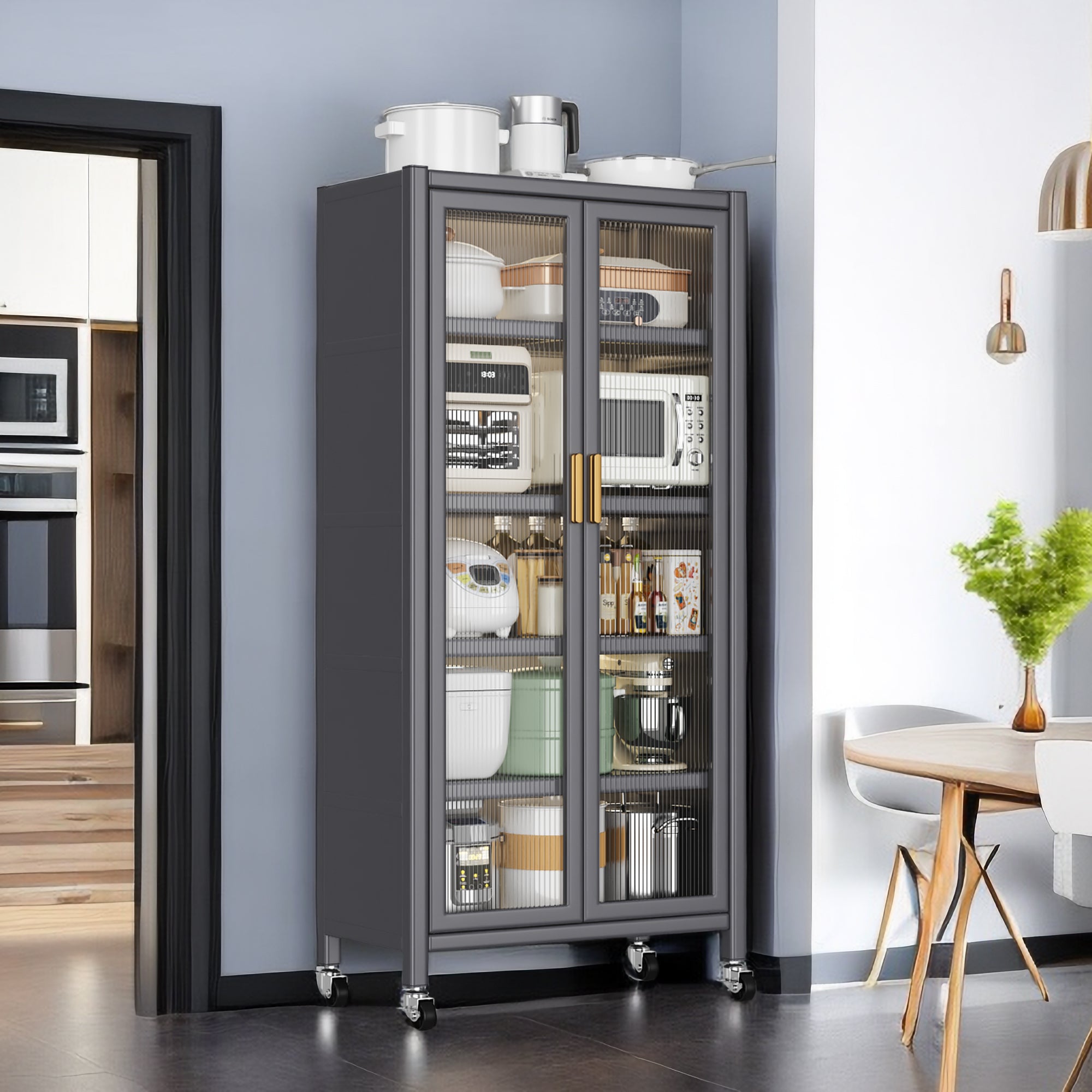 Open-door kitchen shelving Floor-to-ceiling multilevel household microwave storage cabinet bowls side cabinets cabinets Storage cabinets Grey color - Grand Goldman Shop