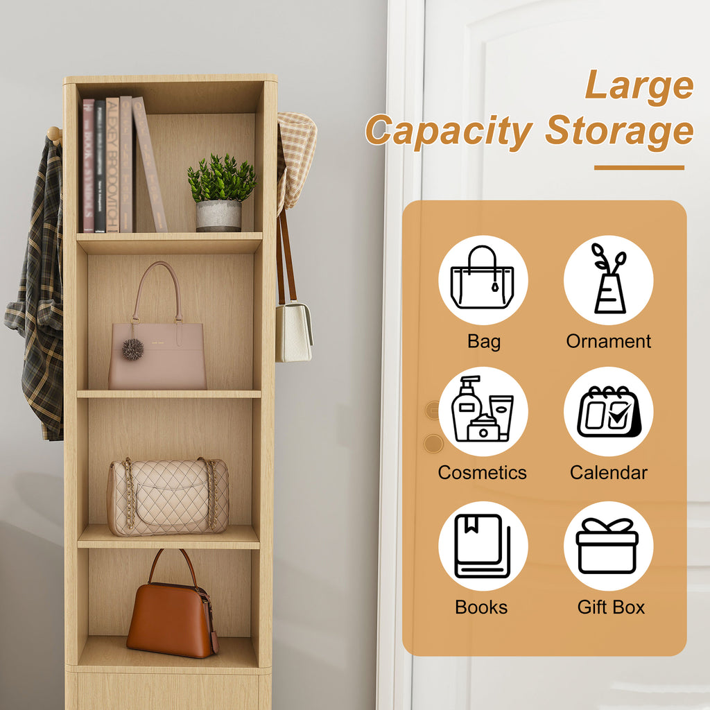 360° Rotating Makeup Cabinet in Walnut with Full-Length Mirror, Jewelry Storage, Coat Rack, 4 Open Shelves & 2 Built-In Shelves - Grand Goldman Shop