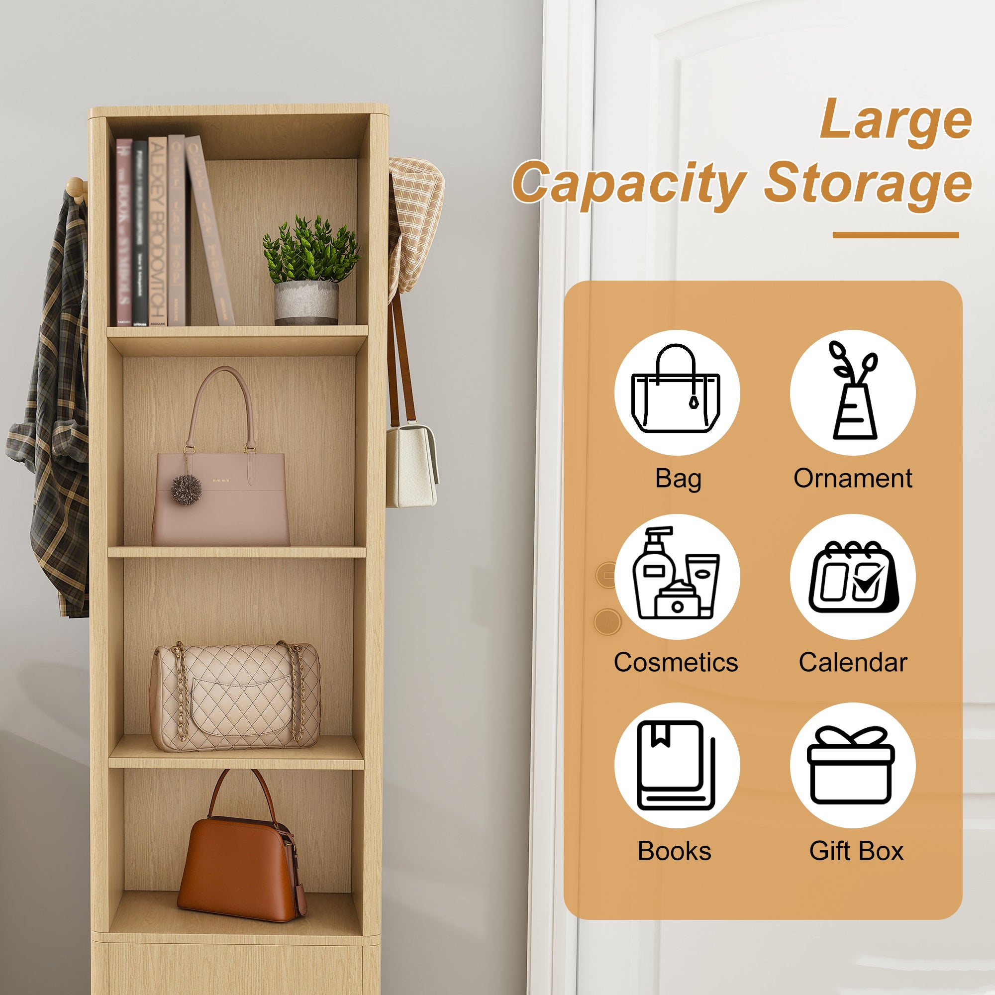 360° Rotating Makeup Cabinet in Walnut with Full-Length Mirror, Jewelry Storage, Coat Rack, 4 Open Shelves & 2 Built-In Shelves - Grand Goldman Shop