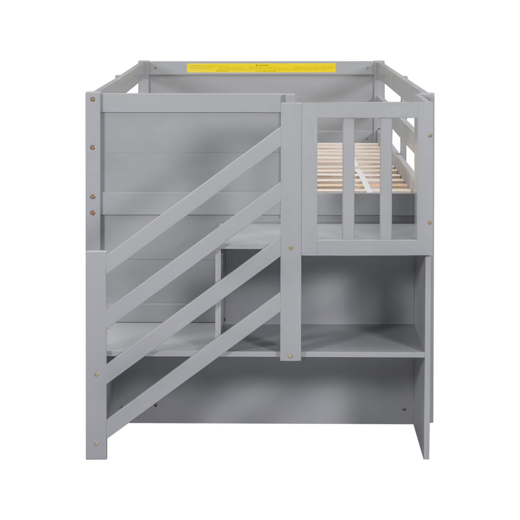 Solid Pine Wood Twin Low Loft Bed with Stair, Drawer, and Shelf in Grey Finish - Grand Goldman Shop