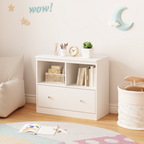 White Wooden Kids Toy Storage Organizer with Large Drawer and Low Bookshelf for Nursery & Playroom, Engineered Wood Cabinet f