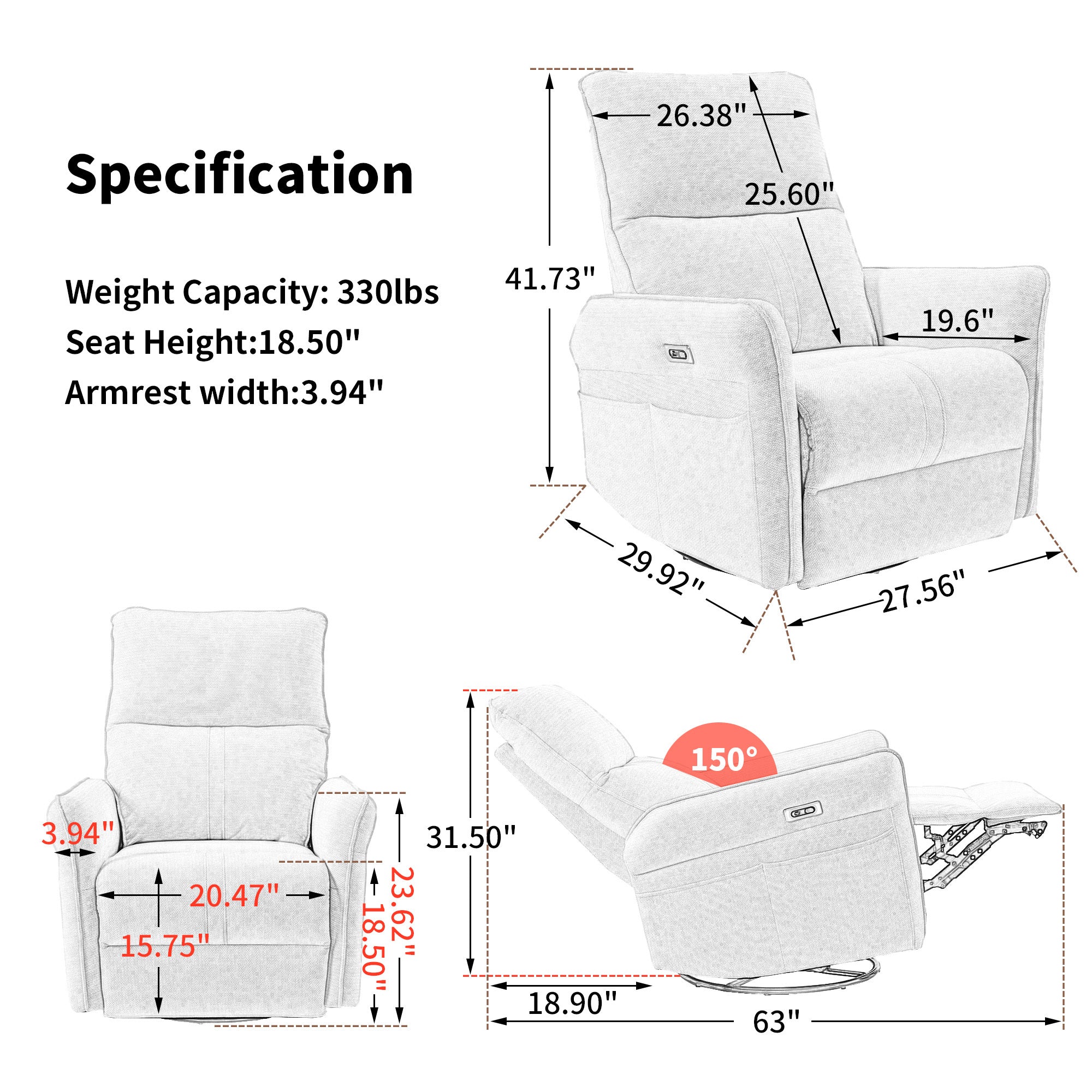 270° Power Swivel Rocker Recliner Chair for Adults, Swivel Rocking Recliner Chair,Electric Small Recliners for Small Spaces, Single Sofa Recliner for Living Room, Bedroom,RV (Fabric Gray+270°Swivel) - Grand Goldman Shop