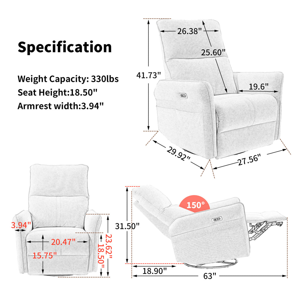 Power Swivel Rocker Recliner Chair for Adults, 270° Swivel Rocking Recliner Chair,Electric Small Recliners for Small Spaces, Single Sofa Recliner for Living Room, Bedroom,RV (Blue-gray+270° Swivel) - Grand Goldman Shop
