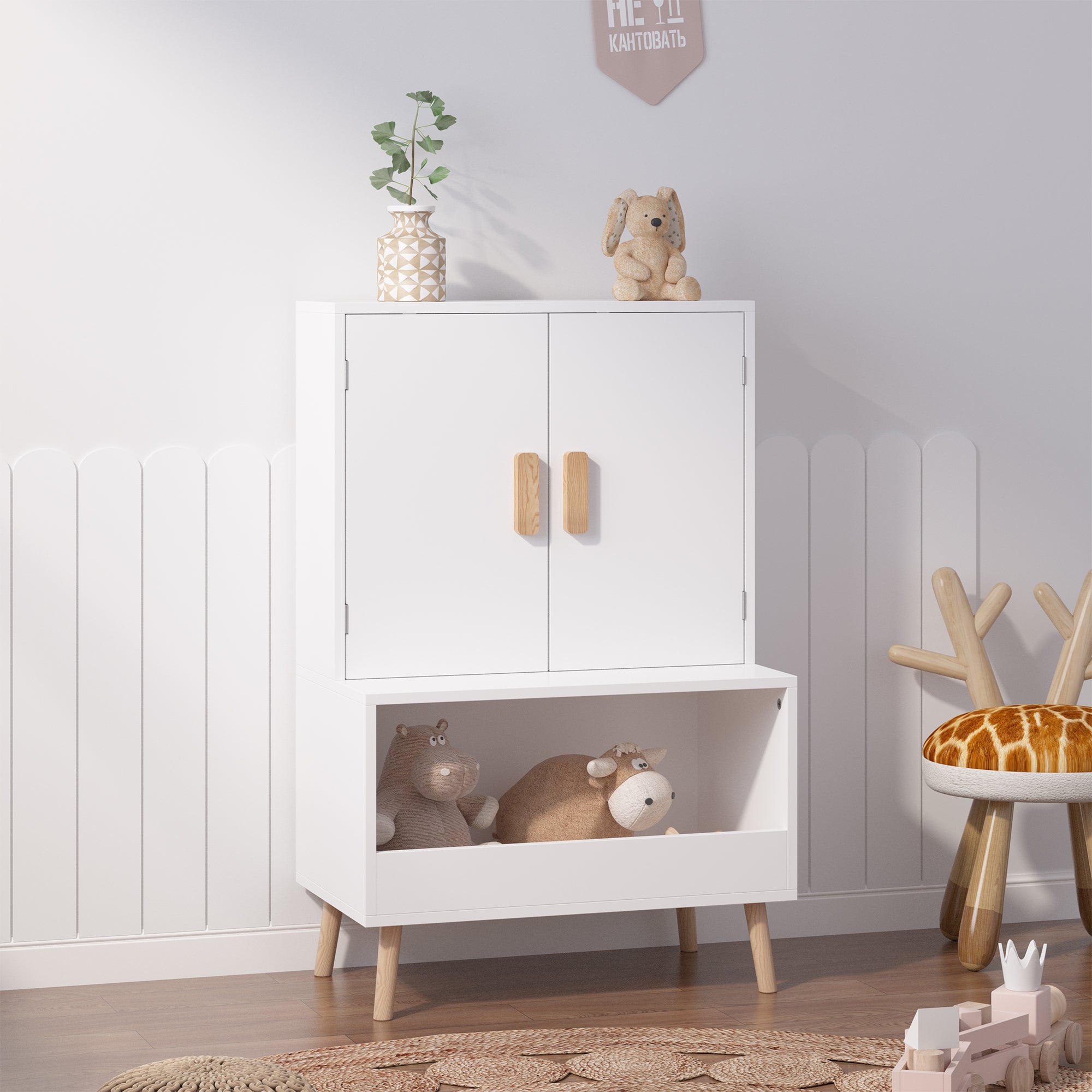 Kids Toy Storage Cabinet with Doors and Open Shelf, White Modern Wooden Organizer with Natural Wood Legs, Toddler Bookshelf f