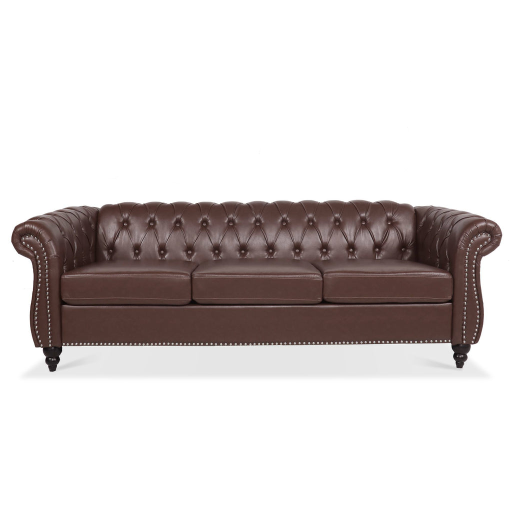 Dark Brown PU Rolled Arm Chesterfield Three Seater Sofa with Solid Wood Frame and Birch Legs - Grand Goldman Shop