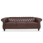 Dark Brown PU Rolled Arm Chesterfield Three Seater Sofa with Solid Wood Frame and Birch Legs - Grand Goldman Shop