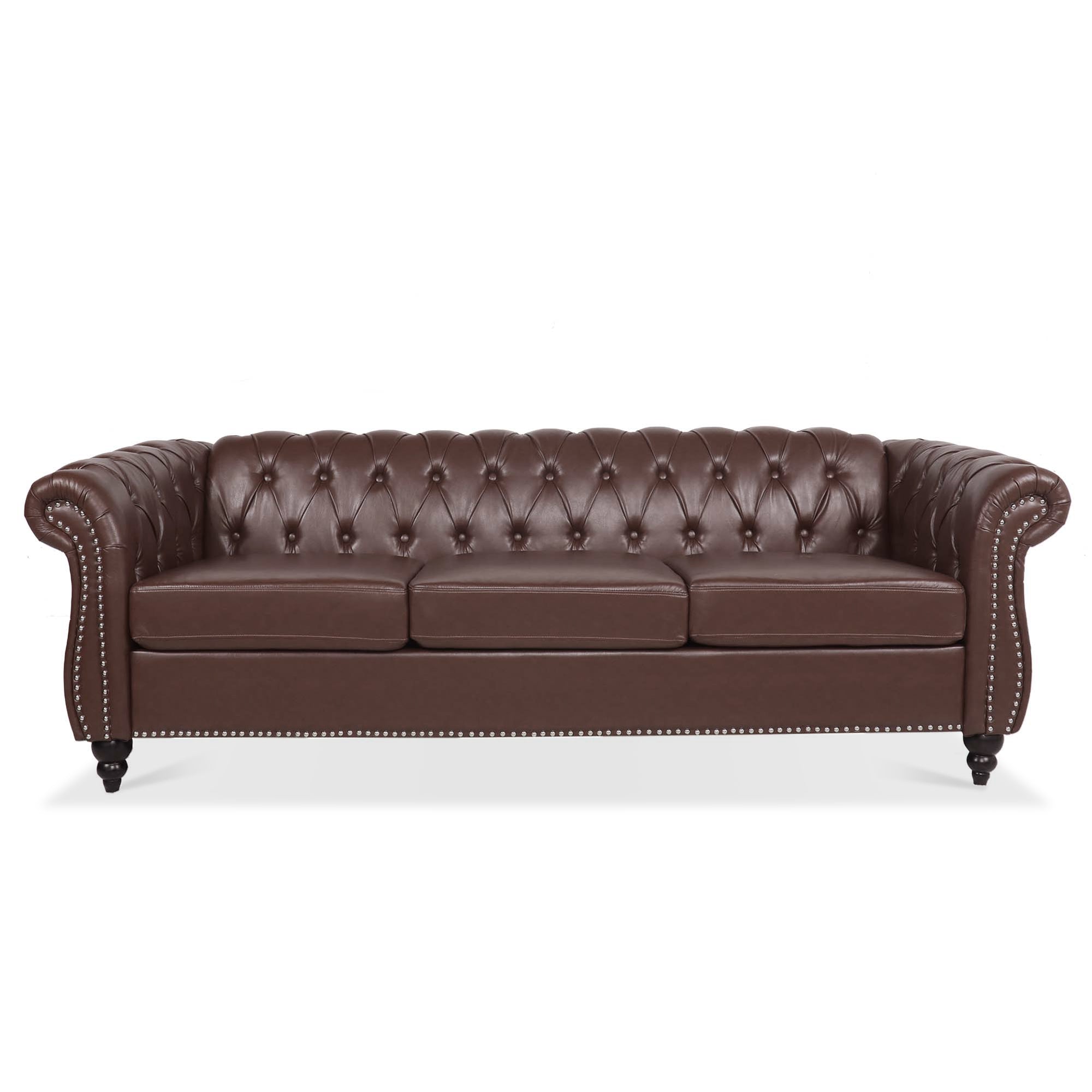 Dark Brown PU Rolled Arm Chesterfield Three Seater Sofa with Solid Wood Frame and Birch Legs - Grand Goldman Shop