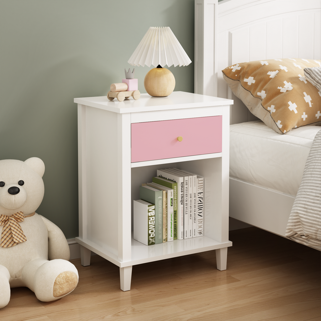 Pink+Golden Handle Wooden Nightstand 26.77''H with One Drawer One Shelf for Kids and Adults - Grand Goldman Shop