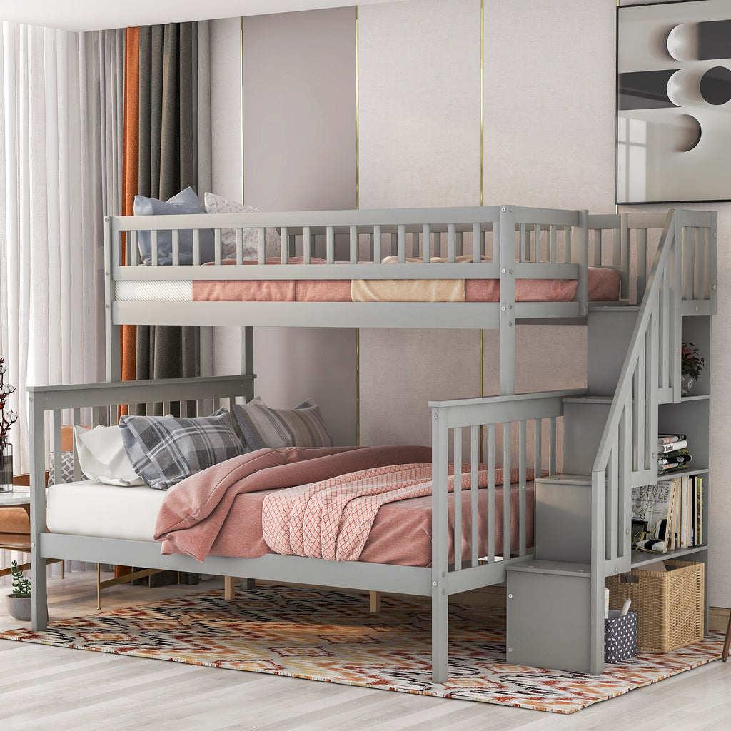 Twin Over Full Stairway Bunk Bed with Storage in Gray, Solid Pine Wood and MDF, 90.8''L x 57.8''W x 65.3''H - Grand Goldman Shop