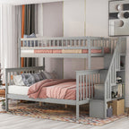Twin Over Full Stairway Bunk Bed with Storage in Gray, Solid Pine Wood and MDF, 90.8''L x 57.8''W x 65.3''H - Grand Goldman Shop