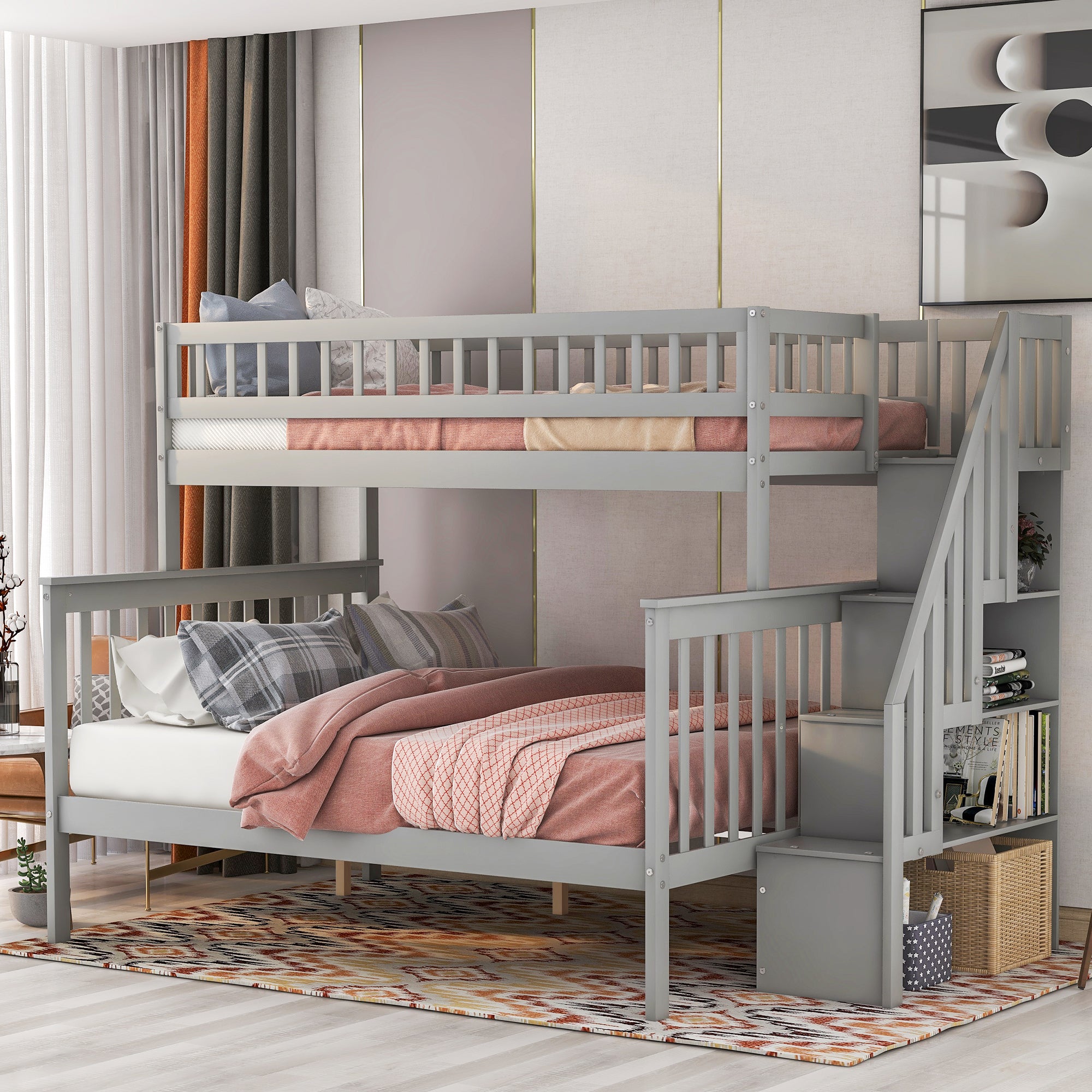 Twin Over Full Stairway Bunk Bed with Storage in Gray, Solid Pine Wood and MDF, 90.8''L x 57.8''W x 65.3''H - Grand Goldman Shop