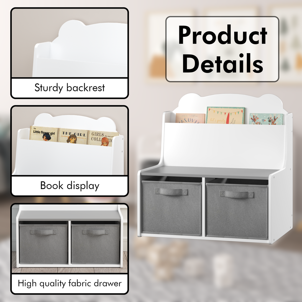 Kids Bookshelf with Storage Bins – Wooden Bookcase with Book Display Shelf and 2 Fabric Bins, Cute Bear-Shaped Backboard, Toy