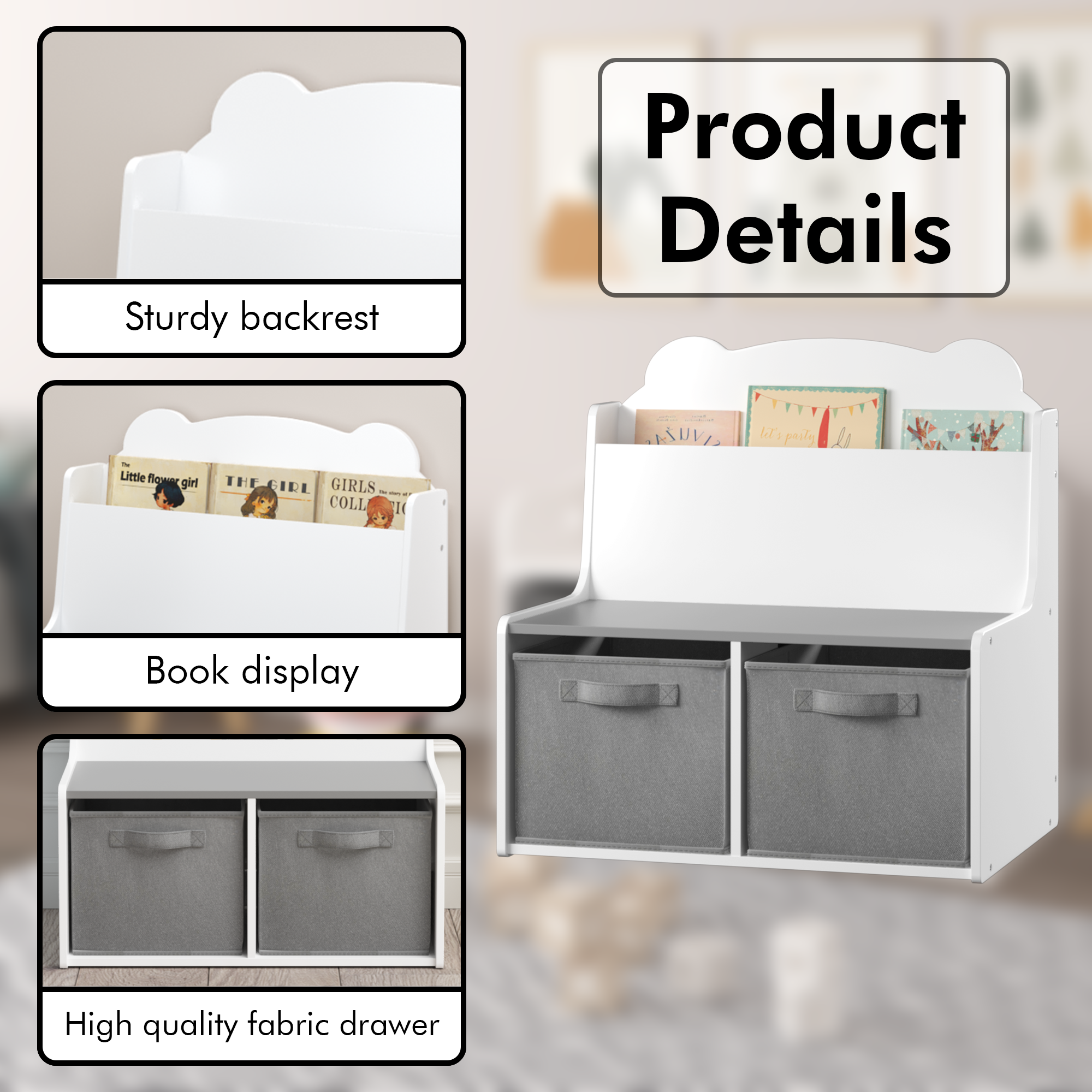 Kids Bookshelf with Storage Bins – Wooden Bookcase with Book Display Shelf and 2 Fabric Bins, Cute Bear-Shaped Backboard, Toy