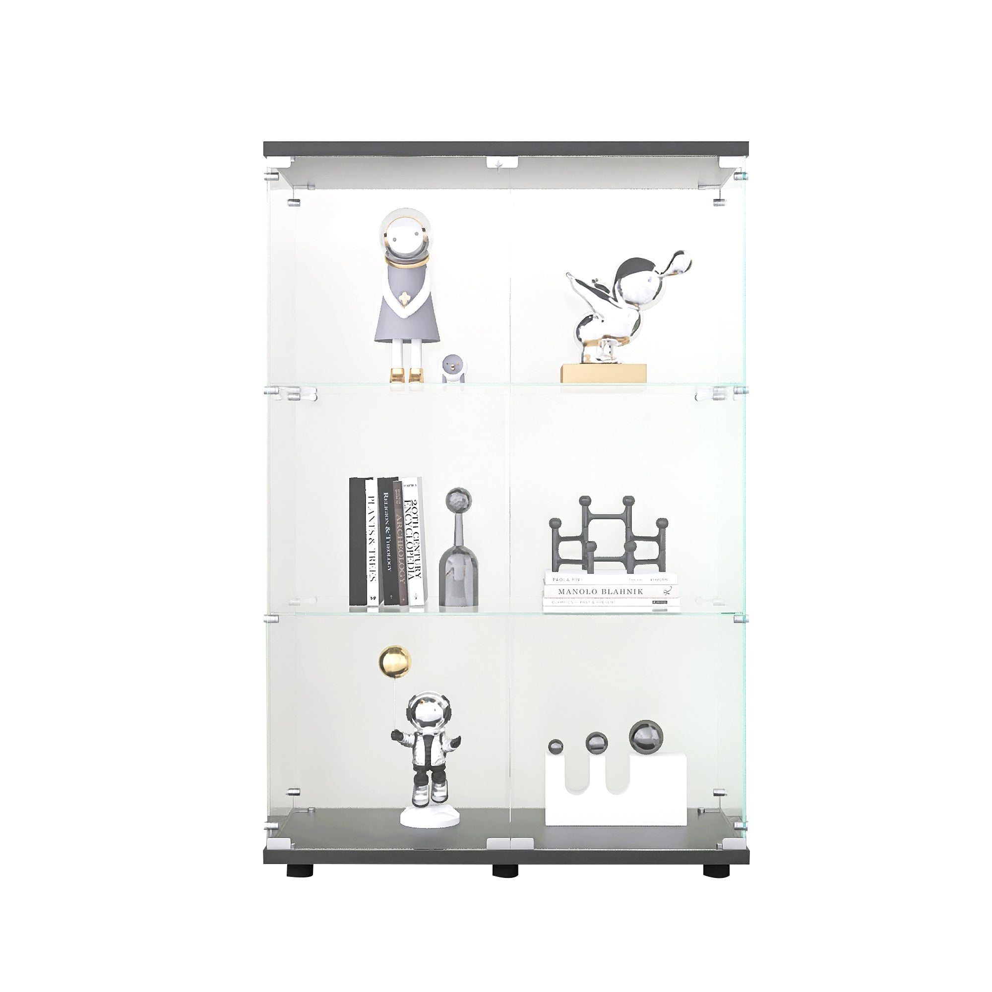 Two-door Glass Display Cabinet 3 Shelves with Door, Floor Standing Curio Bookshelf for Living Room Bedroom Office, 49.3'*31.7