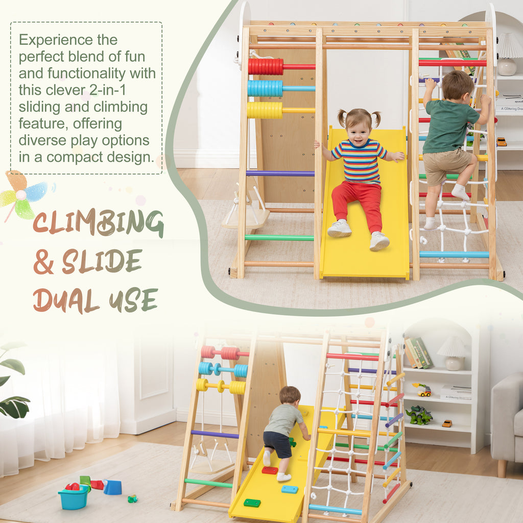 9-in-1 Foldable Kids Climbing Frame & Slide, Wooden Toddler Playground with Swing, Monkey Bars, Climbing Rock, Abacus Game – 