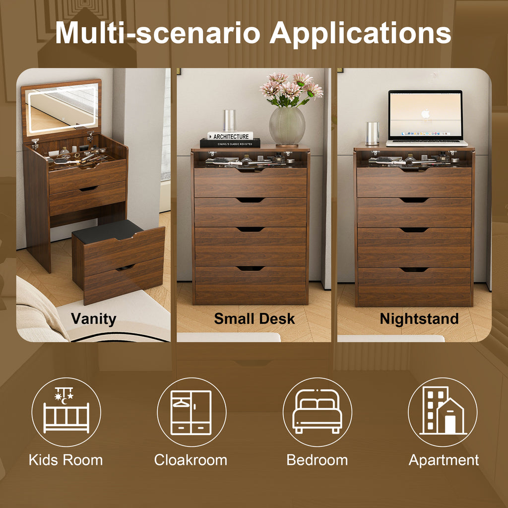 3-in-1 Vanity Desk with Lighted Mirror & Stool, Flip Top Makeup Dressing Table in Walnut Finish, Compact Storage for Bedroom, Bathroom, Dressing Room, 23.62'L - Grand Goldman Shop