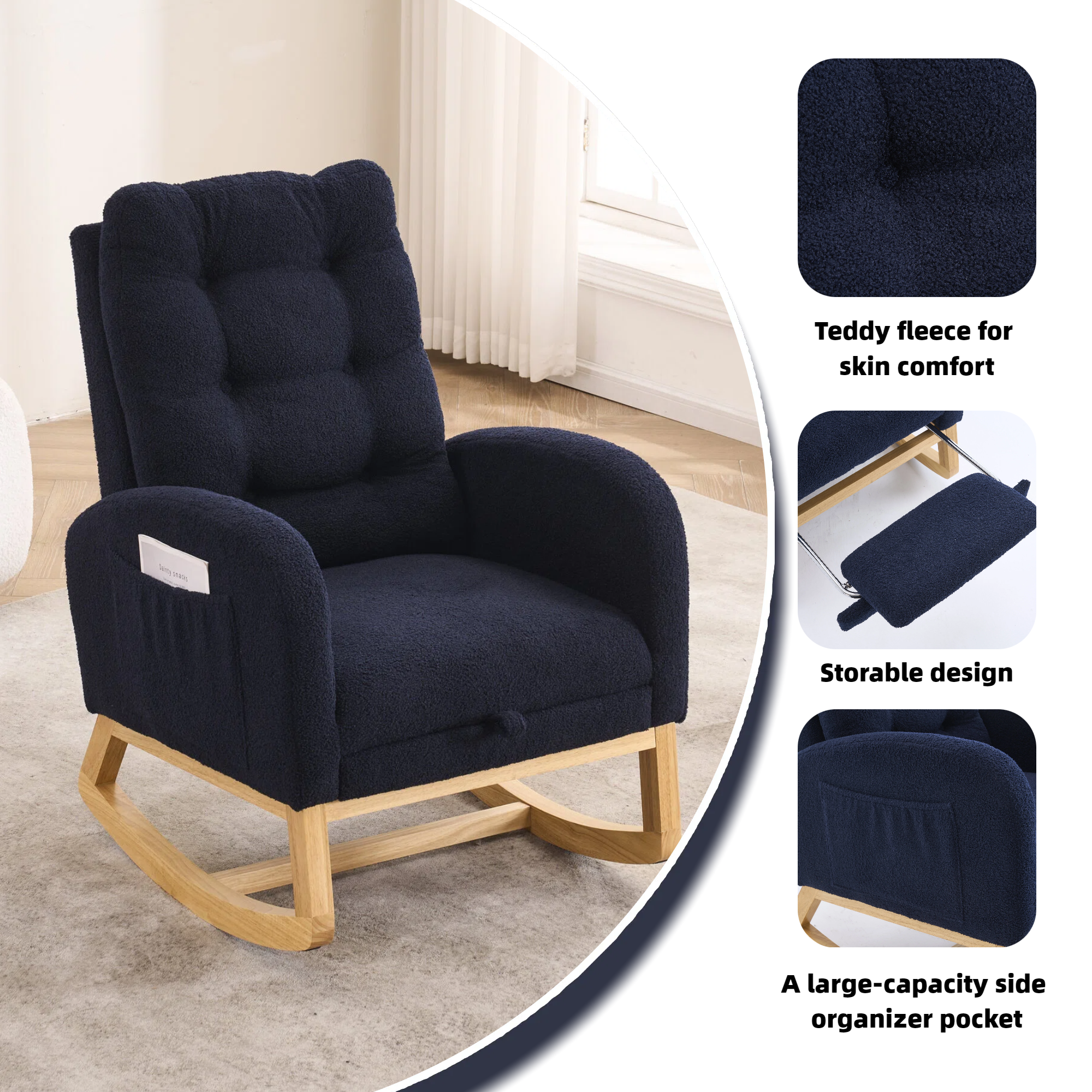 LY-5104 Accent Rocking Chair with Footrest & Storage Pocket, Deep Navy Blue High-Back Rocker, Rubber Wood Lounge Chair for Nursery Living Room, 38.36'W x 26.77'D x 39.76'H - Grand Goldman Shop